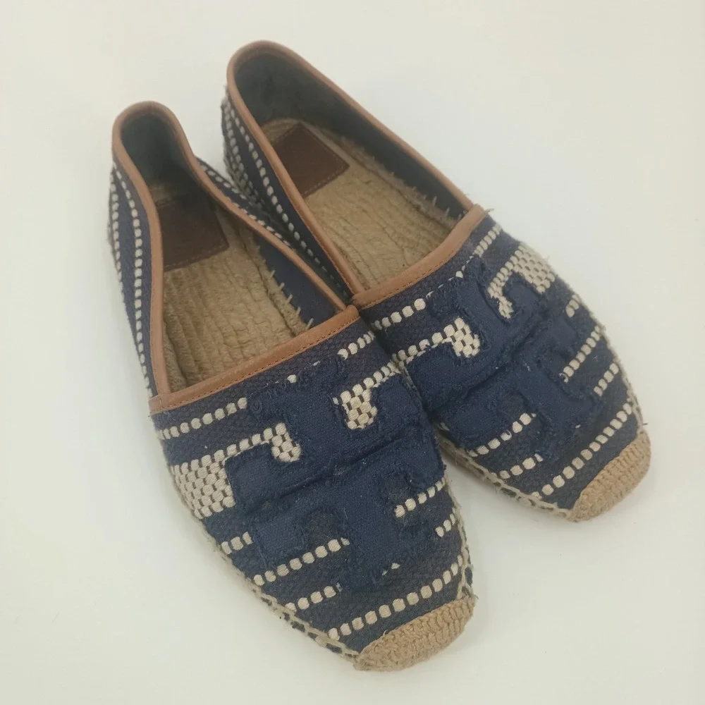 Tory Burch Navy Blue Canvas Woven Espadrille Flats Double T Logo Size 8